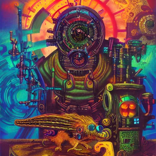 Image similar to steampunk rat, acid, 303, psychedelic, by paul lehr, cd cover for techno artist