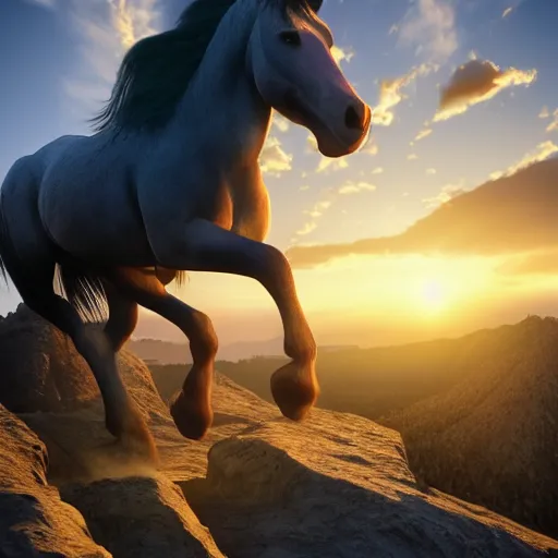 Image similar to spirit untaimed, horse from the movie next to a canyon riding in the sunset, movie poster, 8 k, trending on artstation, global illumination, volumetric shadows