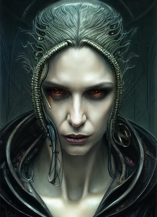 Image similar to portrait shot of a cyberpunk vampire in a scenic dystopian environment, lovecraftian, intricate, elegant, highly detailed, centered, digital painting, artstation, concept art, smooth, sharp focus, illustration, artgerm, tomasz alen kopera, peter mohrbacher, donato giancola, joseph christian leyendecker, wlop, boris vallejo