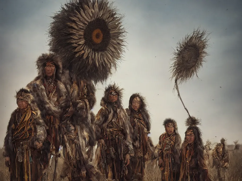 Prompt: a fancy portrait of the mighty sunflower people, a powerful mongolian tribe that lives in a vast barren valley where helianthus grow, by Greg Rutkowski, Sung Choi, Mitchell Mohrhauser, Maciej Kuciara, Johnson Ting, Maxim Verehin, Peter Konig, Bloodborne, macro lens, 35mm, 8k photorealistic, cinematic lighting, HD, high details, atmospheric