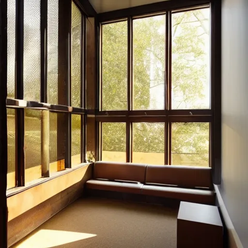 Prompt: a reading nook by gigantic windows with sunlight streaming through in a library