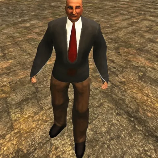 Image similar to Alexander Lukashenko wearing a suit and tie in Balmora in Elder Scrolls III: Morrowind, outdated 2002 Morrowind graphics