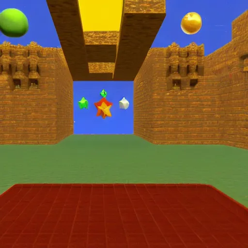 Prompt: the ruins of peach castle lobby, Super Mario 64, It would take place in space, with nebulas and stars in the background but with like, barely any walls inside, floating around in the space area, it would have a velvet blue aesthetic too, The logo on the carpet would be velvet room logo and there would be a throne in the room as well with a dark gray and blue aesthetic