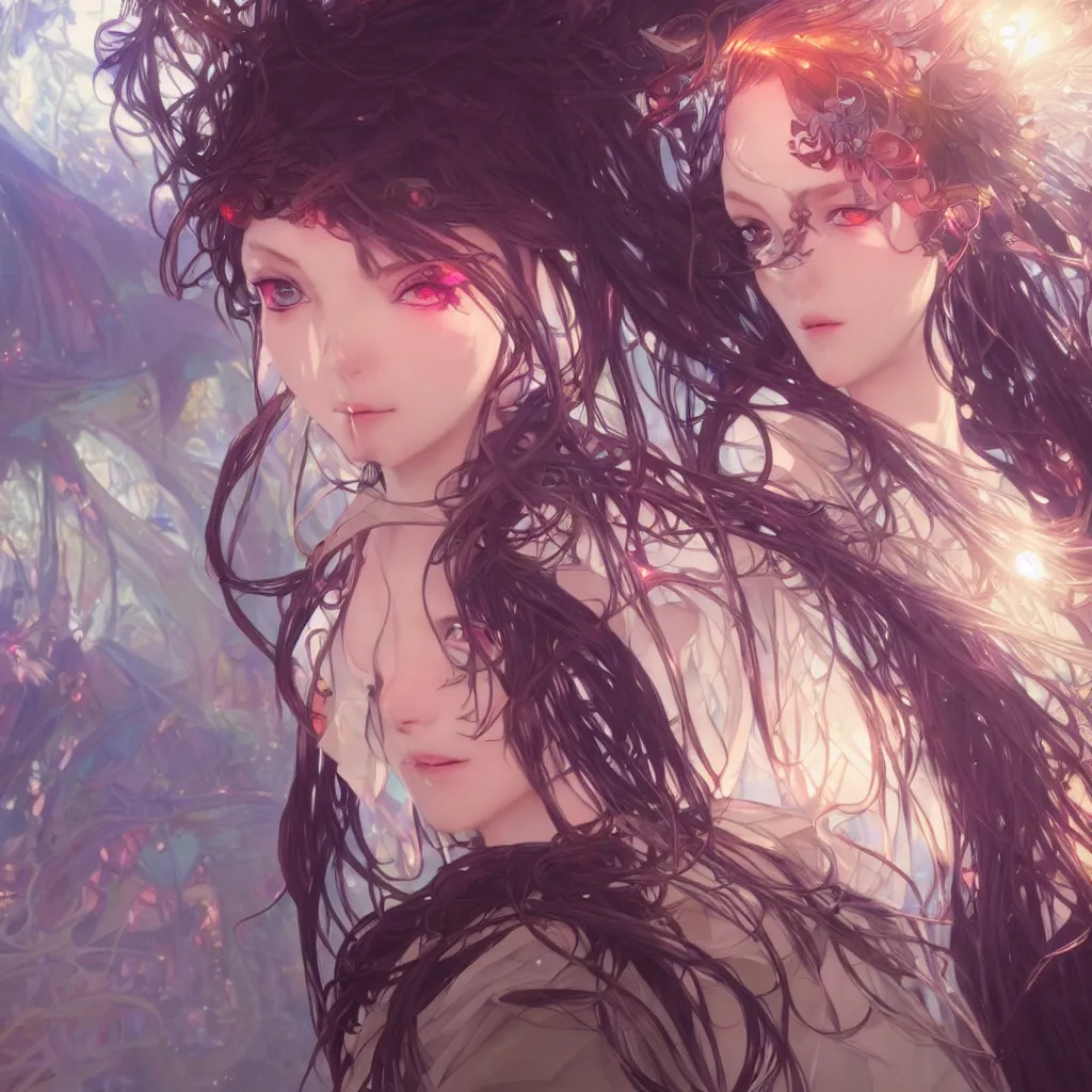 Image similar to 1 krenz cushart and alfons mucha detailed close portrait digital concept of anime cyber fairy, cute, gothic, epic sunbeam and church in background, unreal engine, hyperrealism, cinematic composition, blender render, octane render, hdr, detailed textures, trending on artstation, award winning artwork, 8 k,