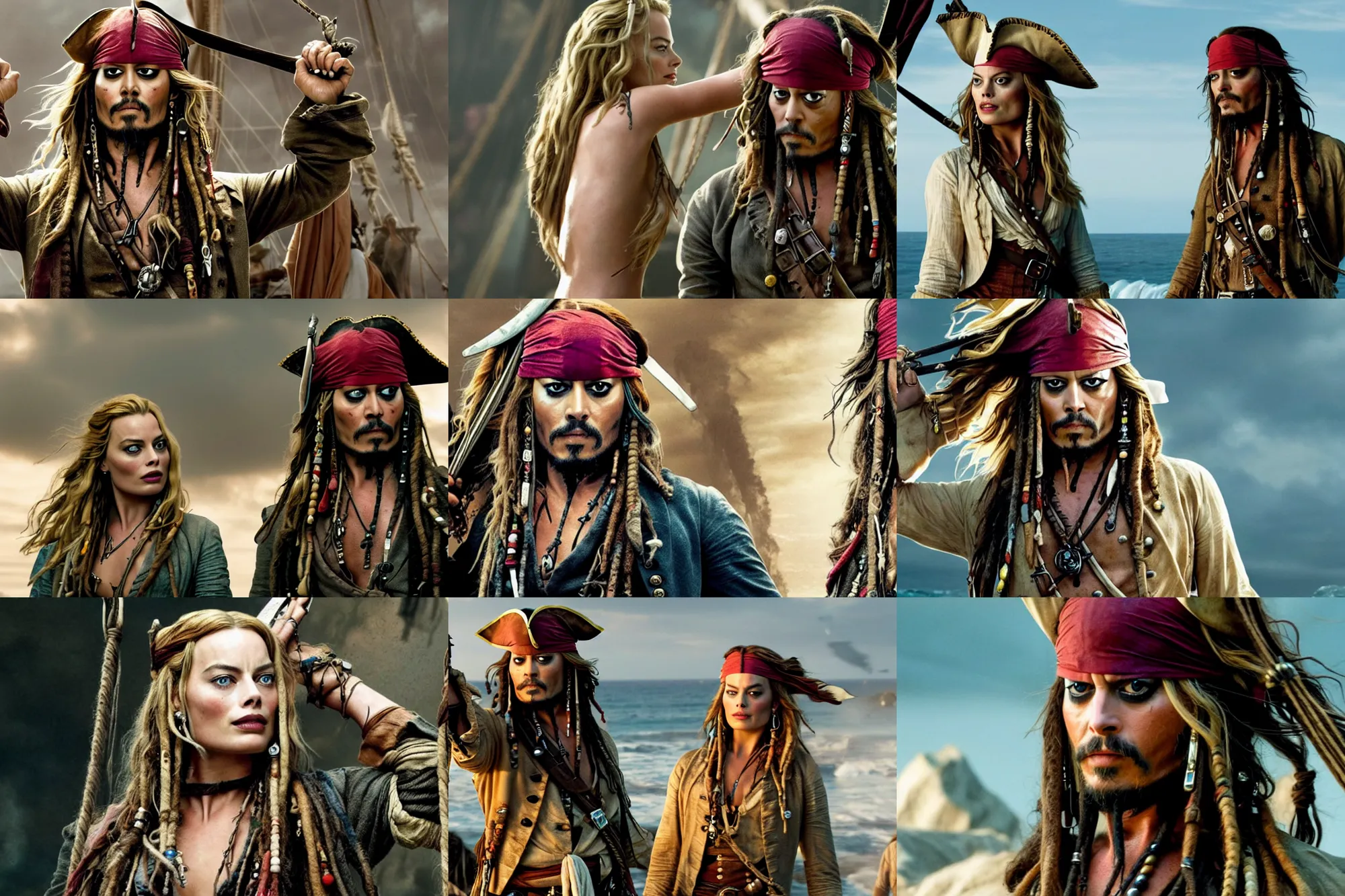 Prompt: margot robbie playing jack sparrow in the next pirates of the caribbean movie, movie still