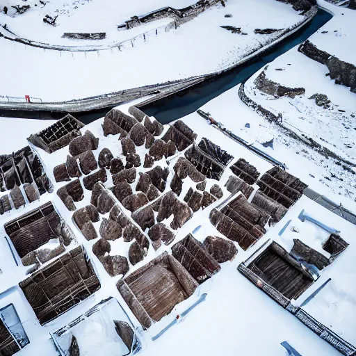 Prompt: abandoned mine and crates full of supplies buried in snow::2 snowy region on coast of ever snow, aerial drone perspective, top down view ::1 sattelite image of snow from 250 meters height, some coal boxes and barrels are covered in snow, old mine remains :: 1 post apocalyptic, snowstorm ::5