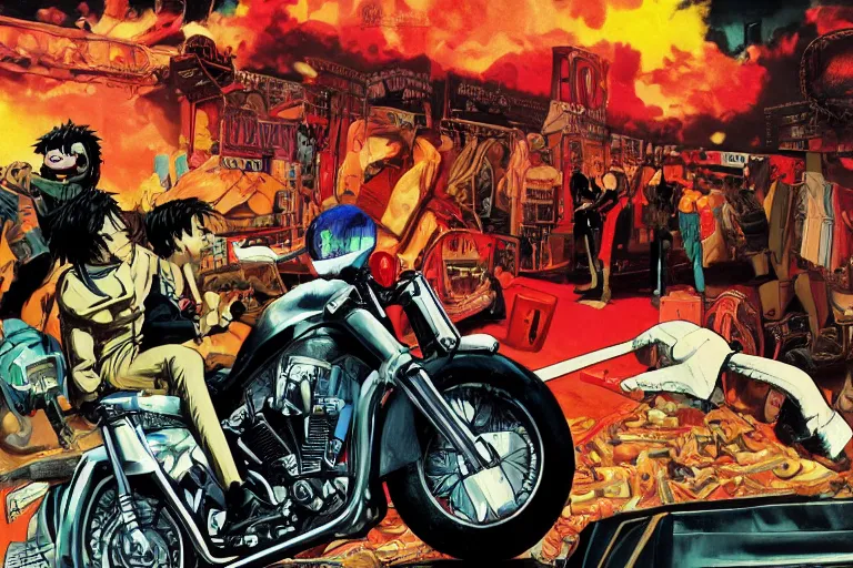 Image similar to pizza the hut, akira's motorcycle, gorillaz, poster, high quality