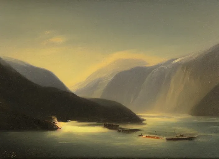 Prompt: norwegian fjords in winter in the style of hudson river school of art, oil on canvas