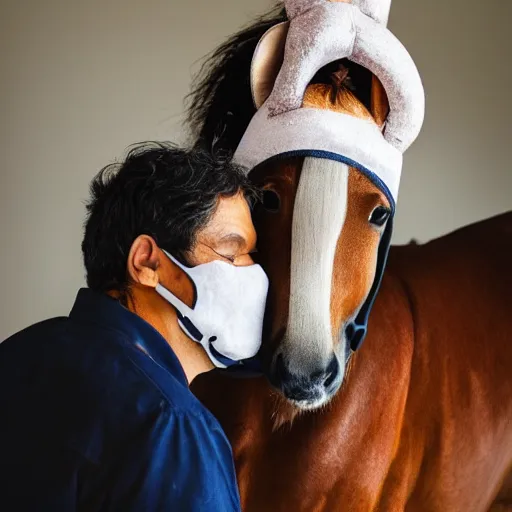 Image similar to man wearing horse head mask on shoulder of man