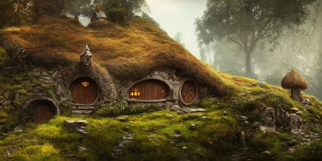 Image similar to a hobbit cottage on top of a steep hill, greg rutkowski, zabrocki, moebius, karlkka, jayison devadas, trending on artstation, 8 k, ultra wide angle, zenith view, pincushion lens effect