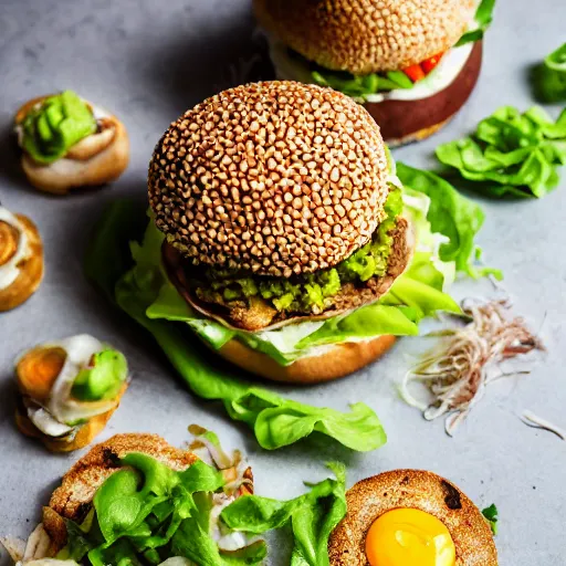 Image similar to vegan hamburger guacamole and crispy fried onion and fried egg toppings, crispy buns, 8 k resolution, professional food photography, studio lighting, sharp focus, hyper - detailed