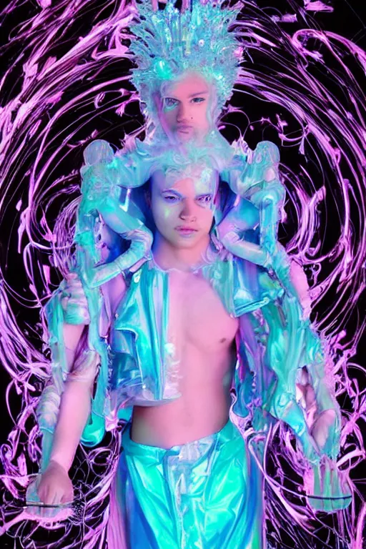 Image similar to full-body rococo and cyberpunk delicate neon crystalline sculpture of ((young muscular golden albino prince Joe Jonas)) as an blue iridescent humanoid deity wearing ((peach plastic hooded cloak)) (holding a human skull) in a black castle dungeon, reclining, glowing pink face, crown of (pink lasers), large blue diamonds, swirling black silk fabric. futuristic elements. oozing glowing liquid, full-length view. space robots. intricate artwork by caravaggio. Trending on artstation, octane render, cinematic lighting from the right, hyper realism, octane render, 8k, depth of field, 3D