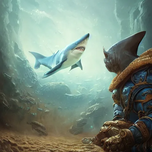 Prompt: a detailed portrait of a shark water sorcerer dressed with a leather armor, by justin gerard and greg rutkowski, digital art, realistic painting, dnd, character design, trending on artstation