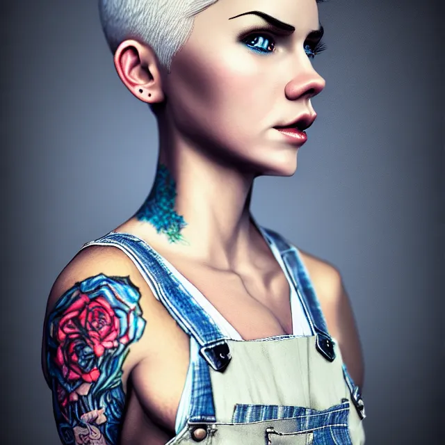 Image similar to full body pose, beautiful adult woman, short white hair shaved sides, dirty, grungy, grunge, long sleeve, painted overalls, stacks of giant books, highly detailed, 4 k, hdr, smooth, sharp focus, high resolution, award - winning photo, artgerm, photorealistic