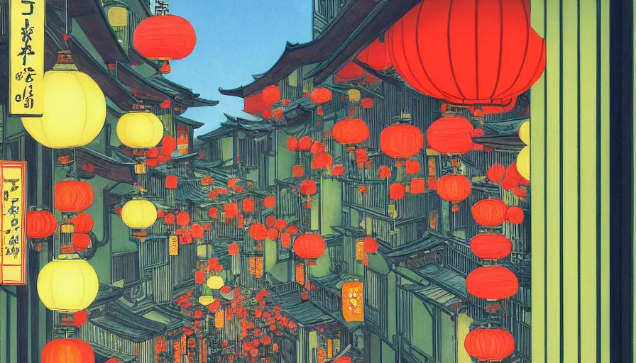 Prompt: a vibrant dream of looking out from a balcony at many large and tall japanese lanterns on a fancy street in kyoto japan during the day, lush plants, magic details, by moebius, edward hopper, james gilleard, and james jean, hd, 8 k, trending on artstation, uhd,