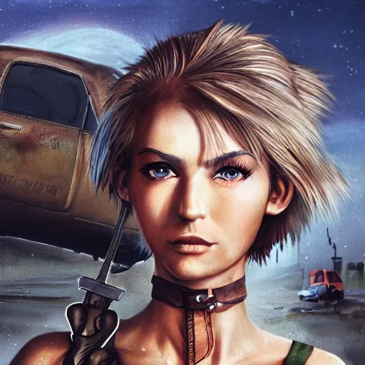 Prompt: close up headshot of a skinny female high-fantasy elf with a long face narrow chin and short spiky blonde hair wearing dark brown overalls and holding a bomb next to a destroyed car, gel spiked blond hair,narrow lips, high resolution film still, HDR color, painting by artgerm