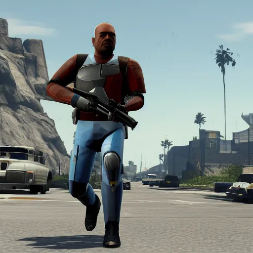 Prompt: Film still of Jango Fett, from Grand Theft Auto V (2013 video game)