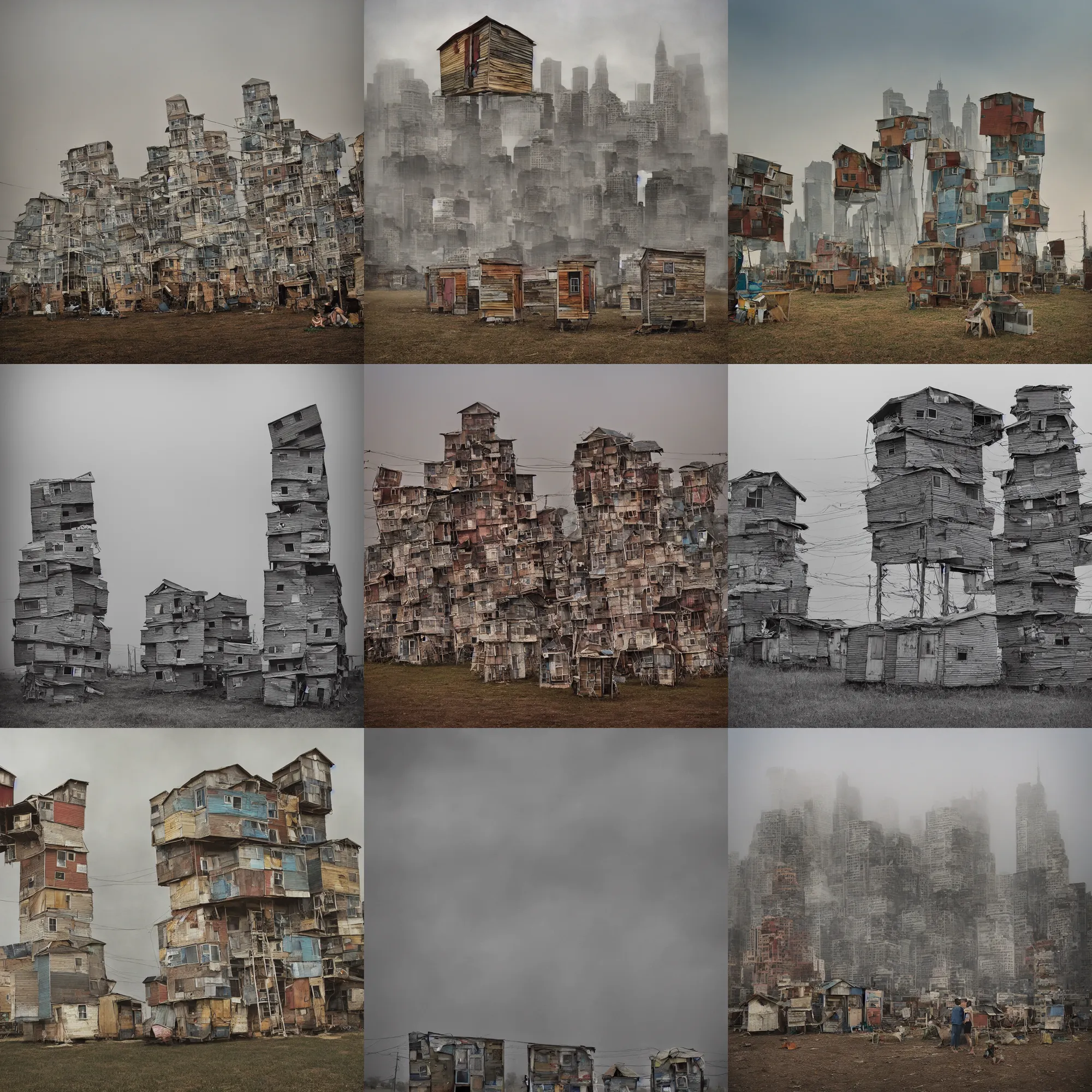 Prompt: intertwined towers made up of stacked makeshift squatter shacks with faded colours, plain uniform sky at the back, misty, phase 1, f 1. 8, ultra sharp, very detailed, photographed by julie blackmon
