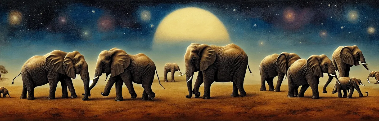 Image similar to two adult elephants and a baby elephants sleeping soundly under a starry sky, small group, surrounded by savannah, illustration, detailed, smooth, soft, warm, by Adolf Lachman, Shaun Tan, Surrealism