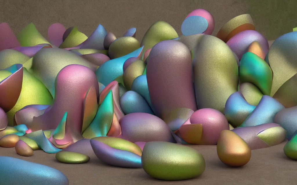 Prompt: abstract etched embossed forms as a colorful metallic sculpture in a garden , smooth shiny reflective texture, sculpted by Henry Moore Barbara Hepworth , Matte painting V Ray, warm volumetric lighting , 3D 8K HD trending on art station