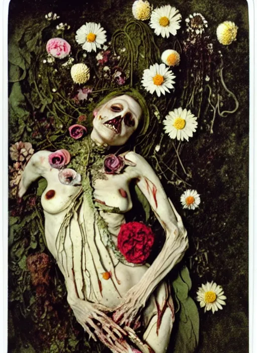 Prompt: beautiful and detailed rotten woman corpse made of plants and many types of stylized flowers like carnation, daisy, chrysanthemum, anemone, roses and tulips, intricate, surreal, john constable, gustave courbet, caravaggio, romero ressendi, bruno walpoth 1 9 1 0 polaroid photo