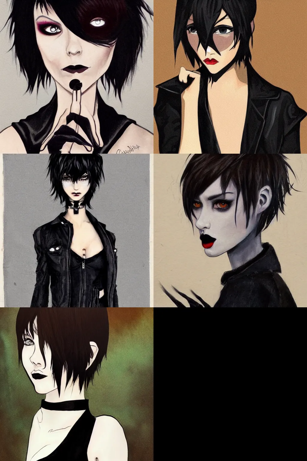 Prompt: goth painted by charles angrand. high - quality character portrait. short dark brown messy pixie haircut, large black eyes, slightly rounded face, pointed chin, small nose, black tank top, black leather jacket, black knee - length skirt, black choker.