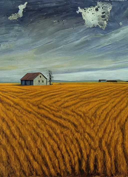 Prompt: Oil painting - An abondoned farmhouse with wheat field - the wheat field is splotched by mold - by Lucian Freud and Jenny Saville, Abstract brush strokes, Masterpiece, Edward Hopper and James Gilleard, Zdzislaw Beksinski, Mark Ryden, Wolfgang Lettl highly detailed, hints of Yayoi Kasuma