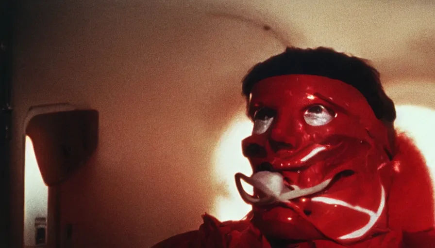 Image similar to 70s movie still of a man with red mask in hospital with a deep spiral in the mouth, eastmancolor, heavy grain, high quality, higly detailed, liminal space