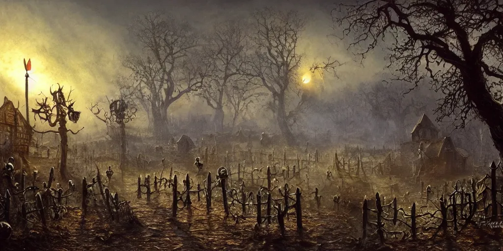 Prompt: a halloween landscape with skeletons ghosts and witches around in november, by Ernest deutsch + Ted Nasmith, cinematic lighting, masterpiece, highly detailed, 8k resolution, trending on art station