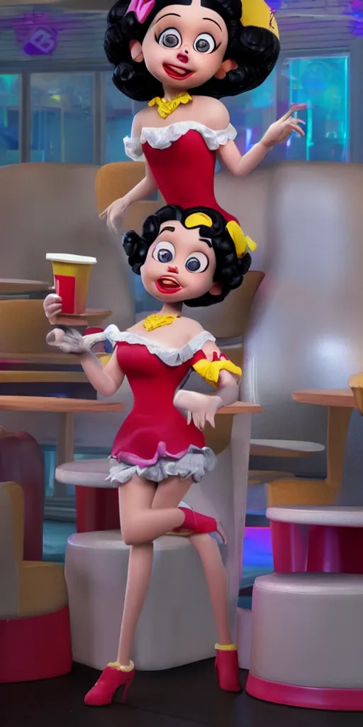 Prompt: Animatronic Betty Boop in Mc Donalds, real hair, dimly lit, photorealistic, hyper realistic 3d matte painting, unrealengine octane 3d render 4k