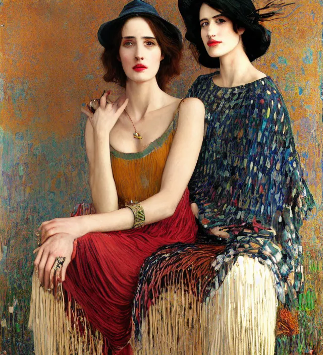 Prompt: portrait of fashionable young woman wearing rich jewerly hat and boho poncho into concrete hitech interior, eva green and Gemma Arterton, red light, dark make up on her face sitting dynamic pose, Low poly, thunder clouds in the sky, artwork by john william waterhouse and Denis Sarazhin and klimt and rhads and van gogh and Dean Ellis and Detmold Charles Maurice, levitation, industrial rusty pipes, simple form, brutal shapes