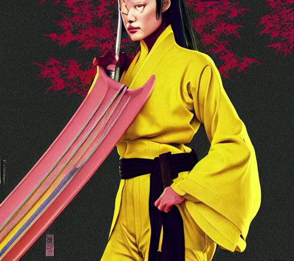 Image similar to breathtaking detailed pattern pastel colors, action scene from kill bill, with angelina jolie ( kill bill ) in yellow kimono, swinging katana sword and autumn leaves, fuji, by hsiao - ron cheng, exquisite detail, enhanced eye detail