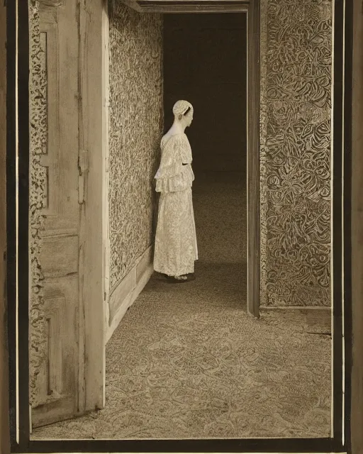 Image similar to a woman standing in a doorway, made of intricate decorative lace leaf, in the style of the dutch masters and gregory crewdson, dark and moody