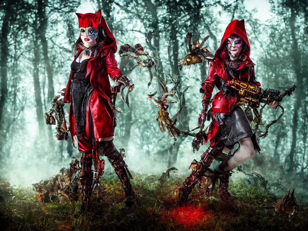 Image similar to mystical monsters in forest hunting on gamekeeper - red ridding hood. she wearing a steampunk and neonpunk mechanical fluorescent mystical animal masks. realistic fornite style. full body. product introduction photos. luminescent, elements, hyperrealistic, volumetric lighting. epic cinematic shot, perfectly defined features, ambient occlusion