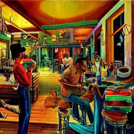 Prompt: louisiana bayou juke joint interior by ernie barnes