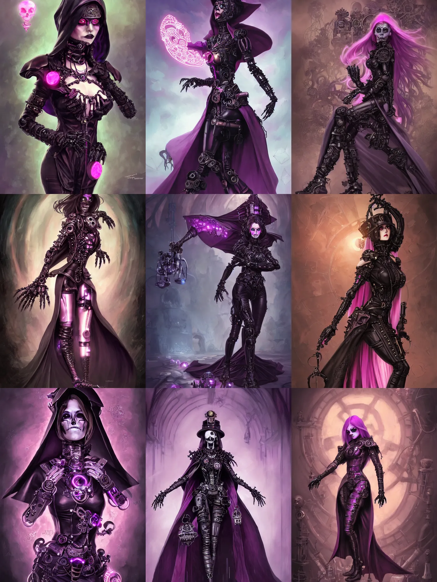Prompt: female steampunk necromancer, skintight black clothes, dark purple cape, cute, black skin, pink straight hair, robotic skeletons, high fantasy, futuristic fractal background, dnd, highly detailed, two arms, detailed face, smooth, sharp focus, digital painting, by artgerm and greg rutkowski and alphonse mucha