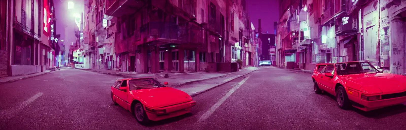 Image similar to 80s red sports car, parked on deserted city street at night time, purple lighted street, wide angle, cinematic, retrowave vibes, grainy, soft motion blur, VHS Screencap