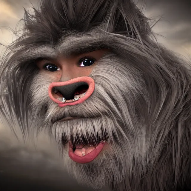 Image similar to perfectly centered portrait, happy hairy monster, candid photography, by anne stokes, highly detailed, unreal engine 5