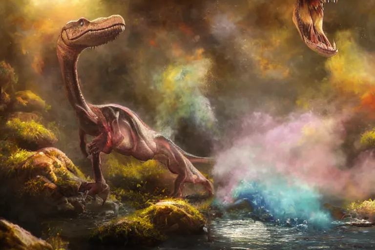 Image similar to highly detailed oil painting of a tyrannosaurus rex in a steaming colorful hotspring stream, featured on artstation