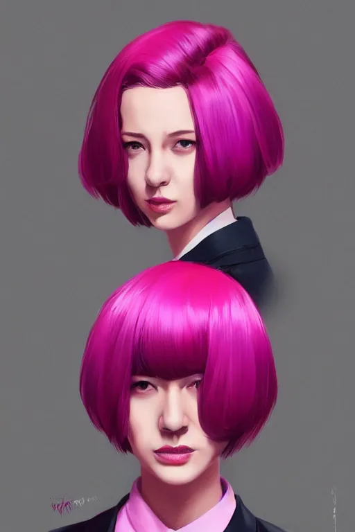 Image similar to a digital painting of a woman in a suit, with short magenta hair, face covered, a character portrait by artgerm, trending on artstation, fantasy art, ilya kuvshinov, artstation hd, artstation hq