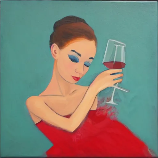 Image similar to square painting of a ballerina drinking wine in a teal room all on a red background