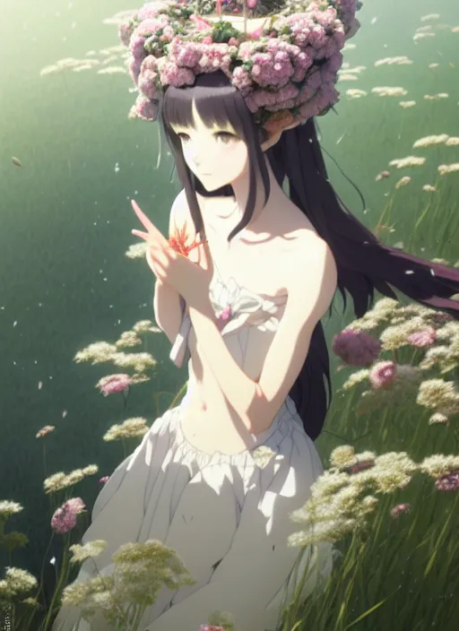 Prompt: a film still portrait of nymph girl with crown of flowers, finely detailed features, perfect art, trending on pixiv fanbox, painted by greg rutkowski makoto shinkai takashi takeuchi studio ghibli, akihiko yoshida, cursed and scary, dark, hunted