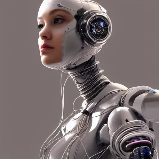 Image similar to a beautiful woman wearing robot suit with wires and light, highly detailed, photorealistic, artstation, smooth