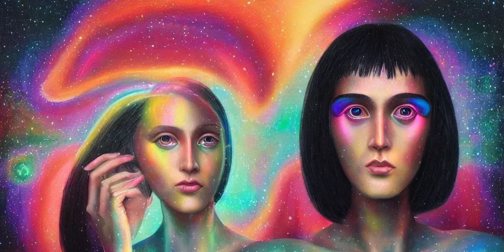 Image similar to patron saint of 🛸🌈👩🏾, futuristic iridescent clothing, wormhole, nebula, black hole, multiverse, neon god of city character portrait, in the style of margaret keane, moebius, tom bagshaw, and waterhouse, cinematic lighting, beautiful, elegant, oil painting,