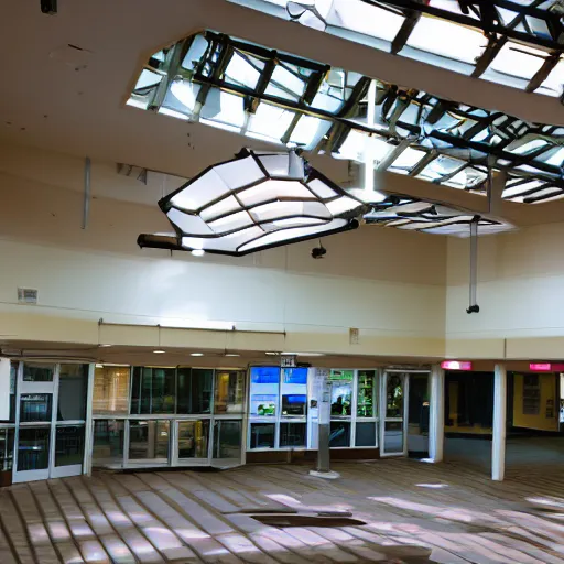 Prompt: dead mall with broken lights hanging from the ceiling with natural light volumetric lighting