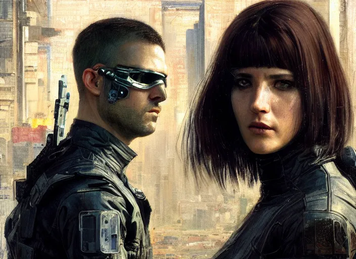 Prompt: Maria evades sgt Nash. Cyberpunk hacker wearing stealth suit hiding from police patrol (blade runner 2049, cyberpunk 2077). beautiful face. Orientalist portrait by john william waterhouse and James Gurney and Theodore Ralli and Nasreddine Dinet, oil on canvas. Cinematic, hyper realism, realistic proportions, dramatic lighting, high detail 4k