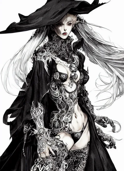 Prompt: beautiful human witch with blonde short curtly hair in intricate ornate witch robe, haughty evil look, witch hat. in style of yoji shinkawa and hyung - tae kim, trending on artstation, dark fantasy, great composition, concept art, highly detailed, dynamic pose.