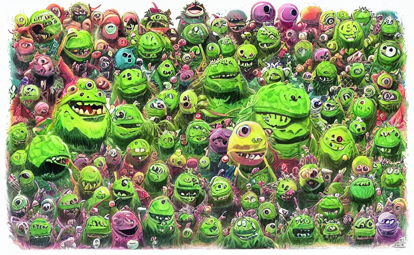 Prompt: an army of different cute green tennis ball monsters, colorful, digital art, fantasy, magic, chalk, trending on artstation, ultra detailed, detailed, fine details, professional illustration by basil gogos