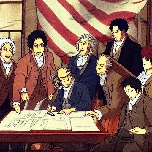 Prompt: anime garfield signing the declaration of independence, hayao miyazaki studio ghibli