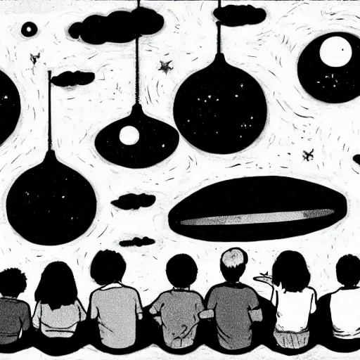 Image similar to five friends sitting and staring up at the alien craftship, mange, studio ghibli style, black and white, detailed